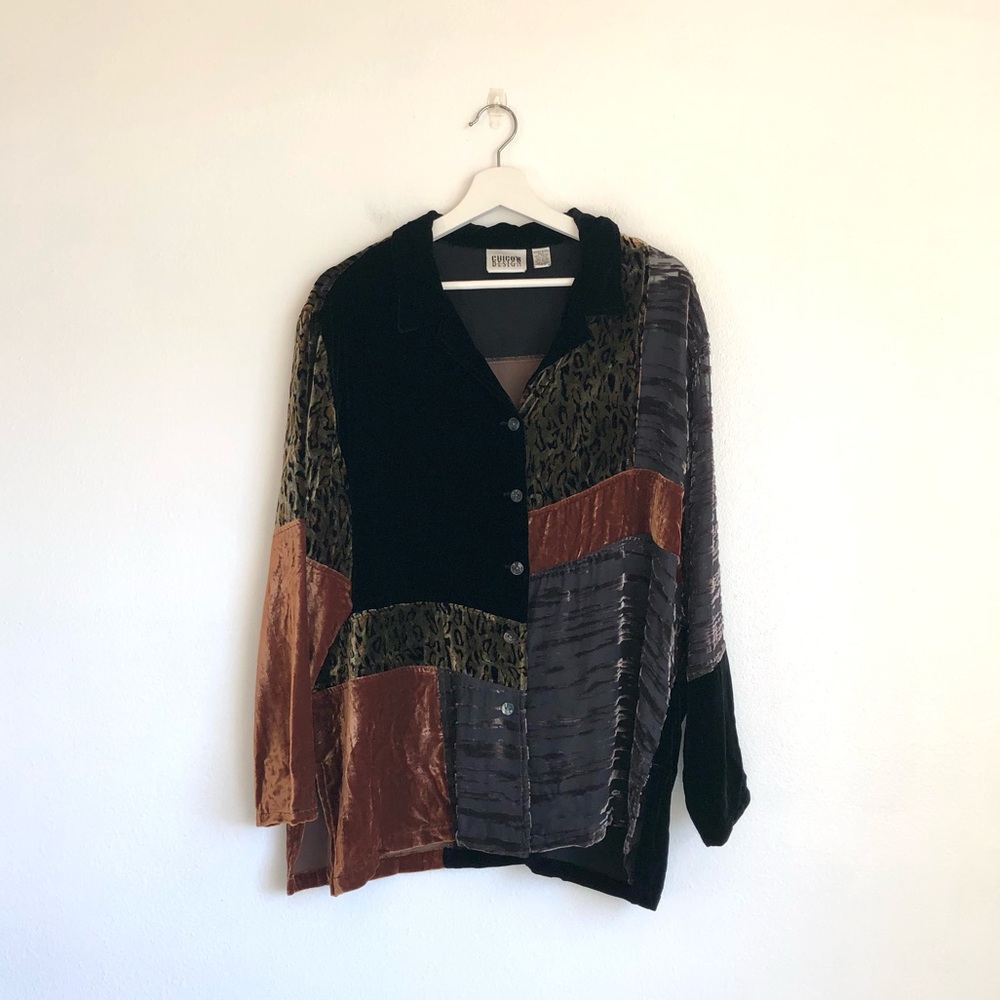 Chico’s Design Vintage Animal Print Silk Blend Velvet Patchwork Top Size 3 / XL